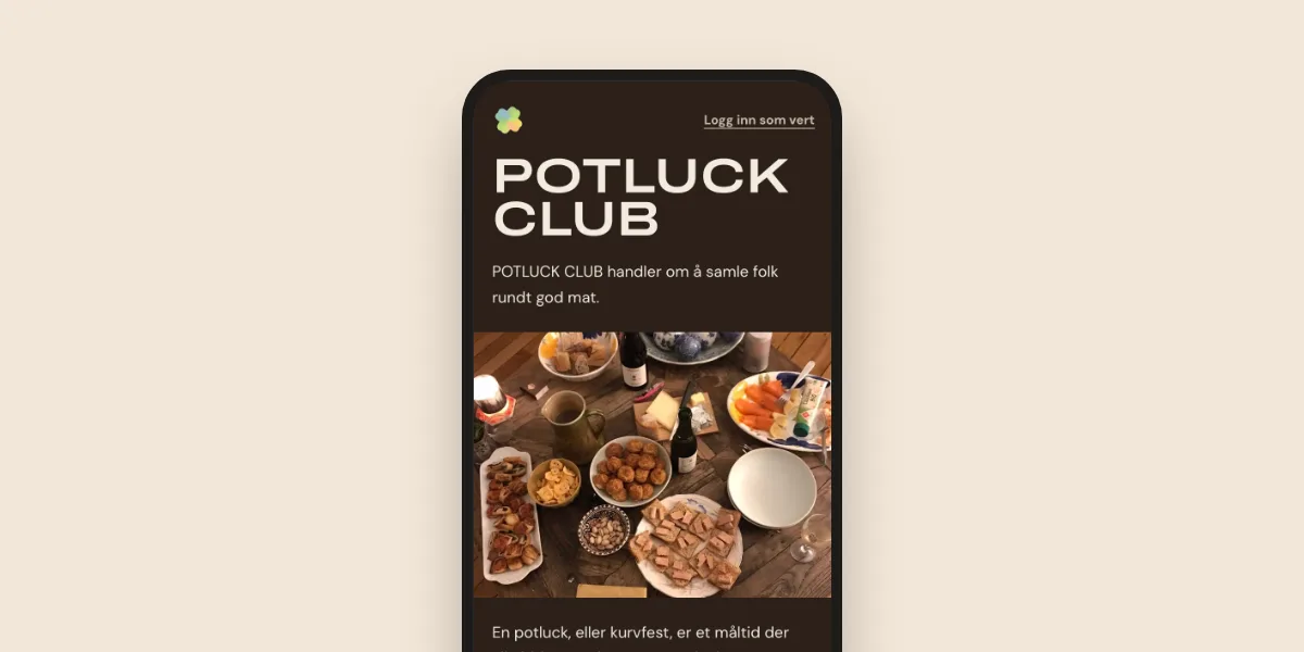 Skjermbilde av Potluck på mobil, med forsiden og et bord fullt av mat